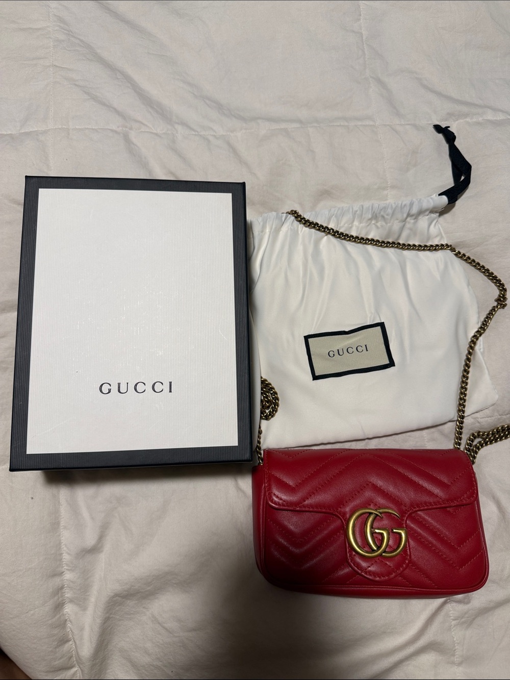 Gucci Red Chevron Leather GG mini Shoulder Bag with Gold Chain